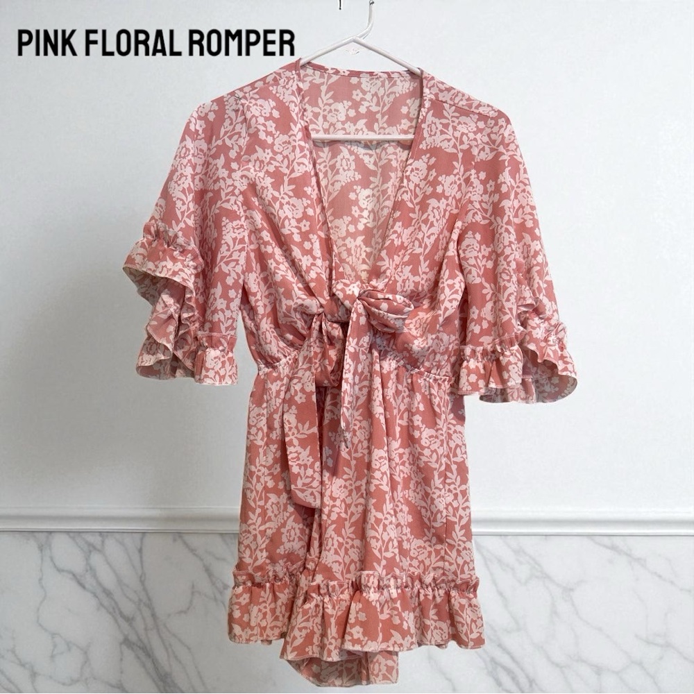 Pink Floral Ruffle Tie-Front Romper